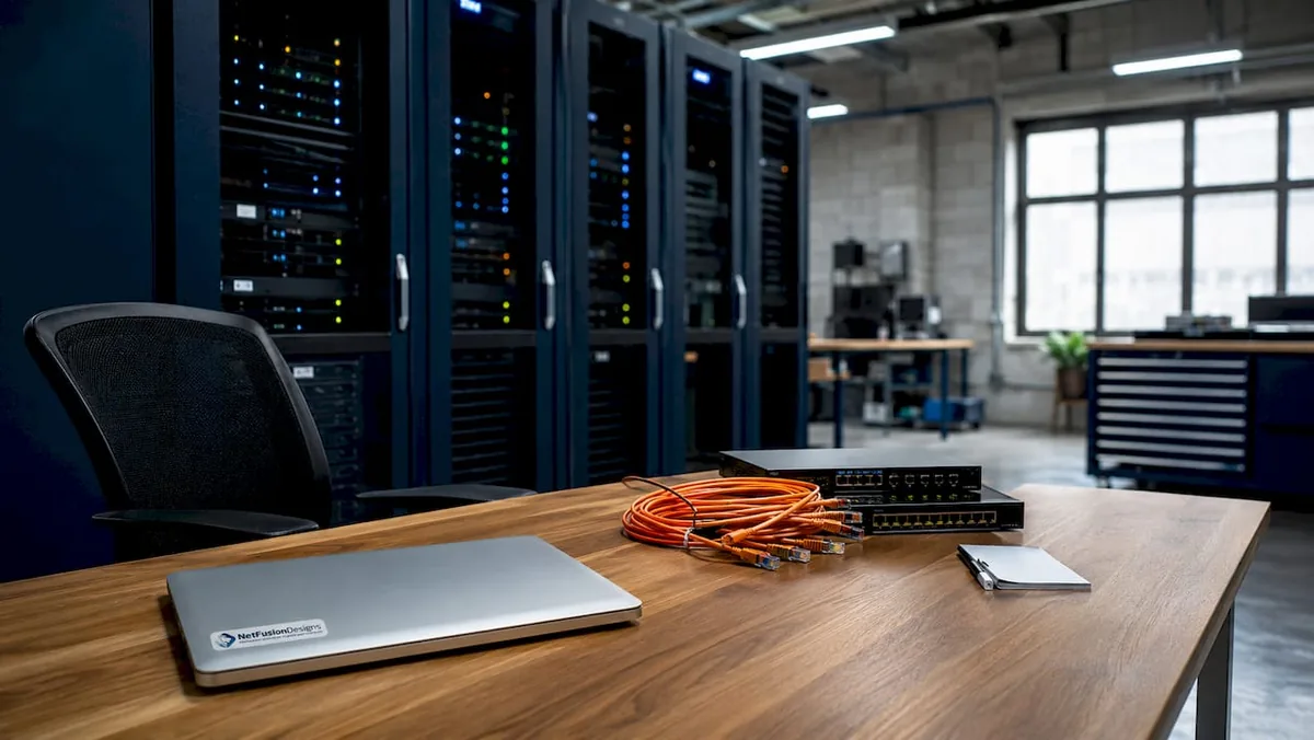 Empty industrial IT control room with server racks