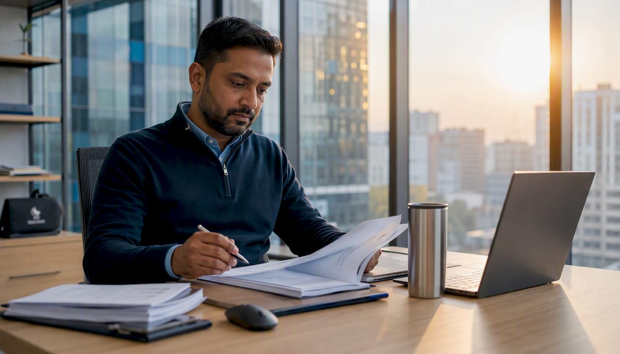 Hands reviewing compliance reports at desk
