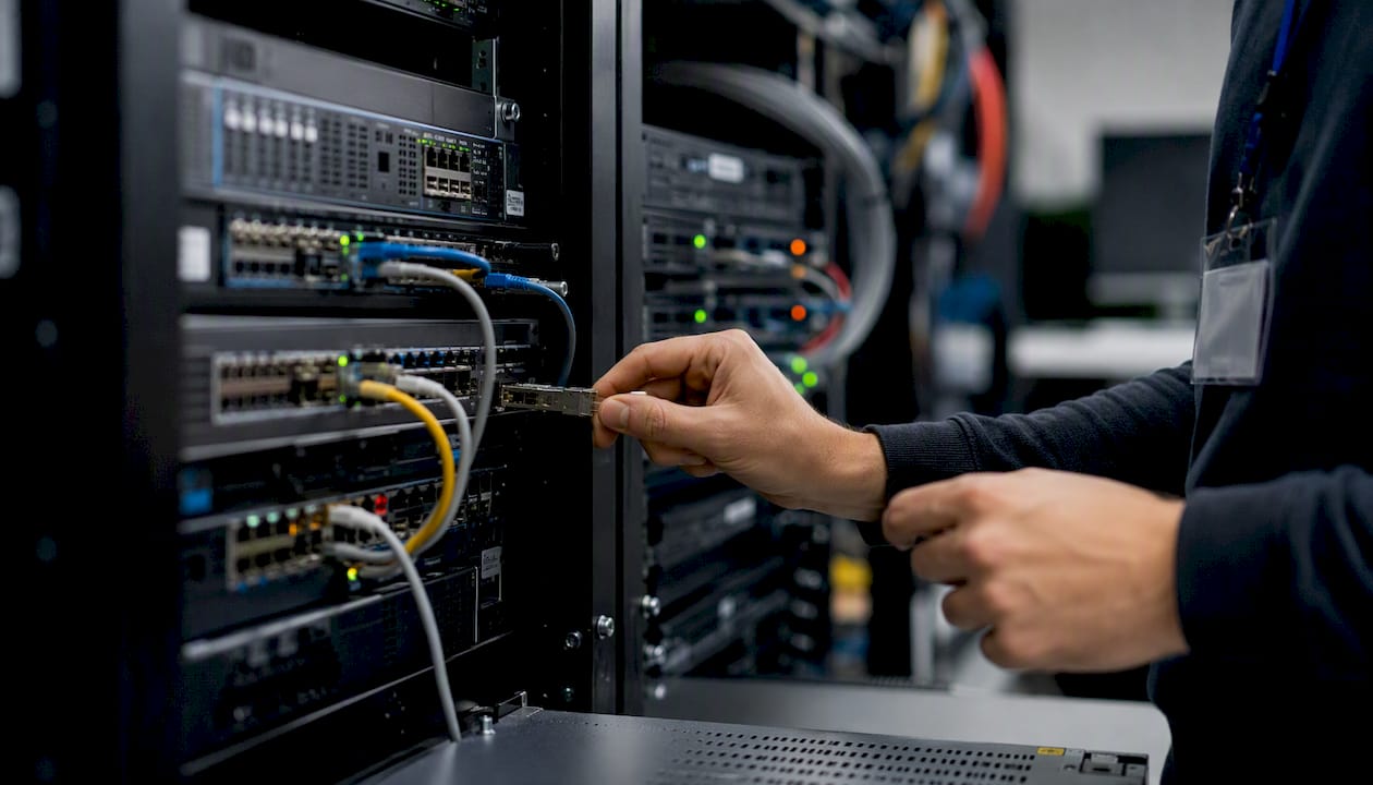 Hands inspecting network equipment in monitoring setup