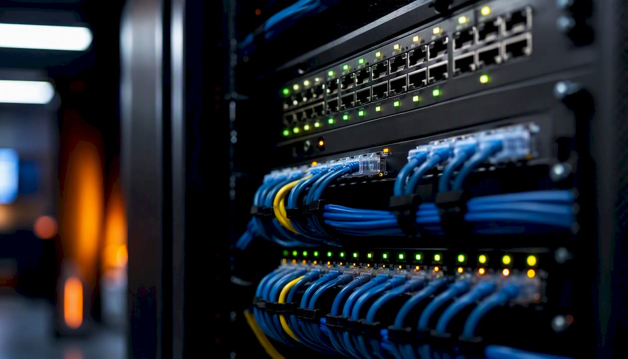 Ethernet switch with Cat6 cables plugged in