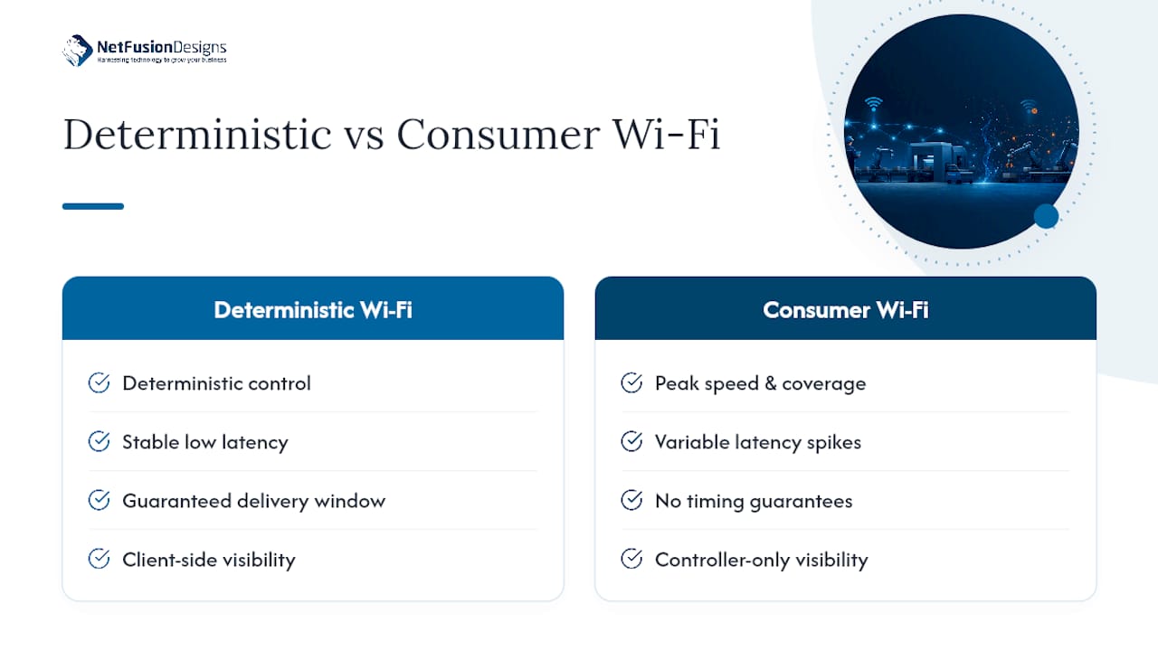 Comparison diagram of deterministic and consumer-grade Wi-Fi reliability