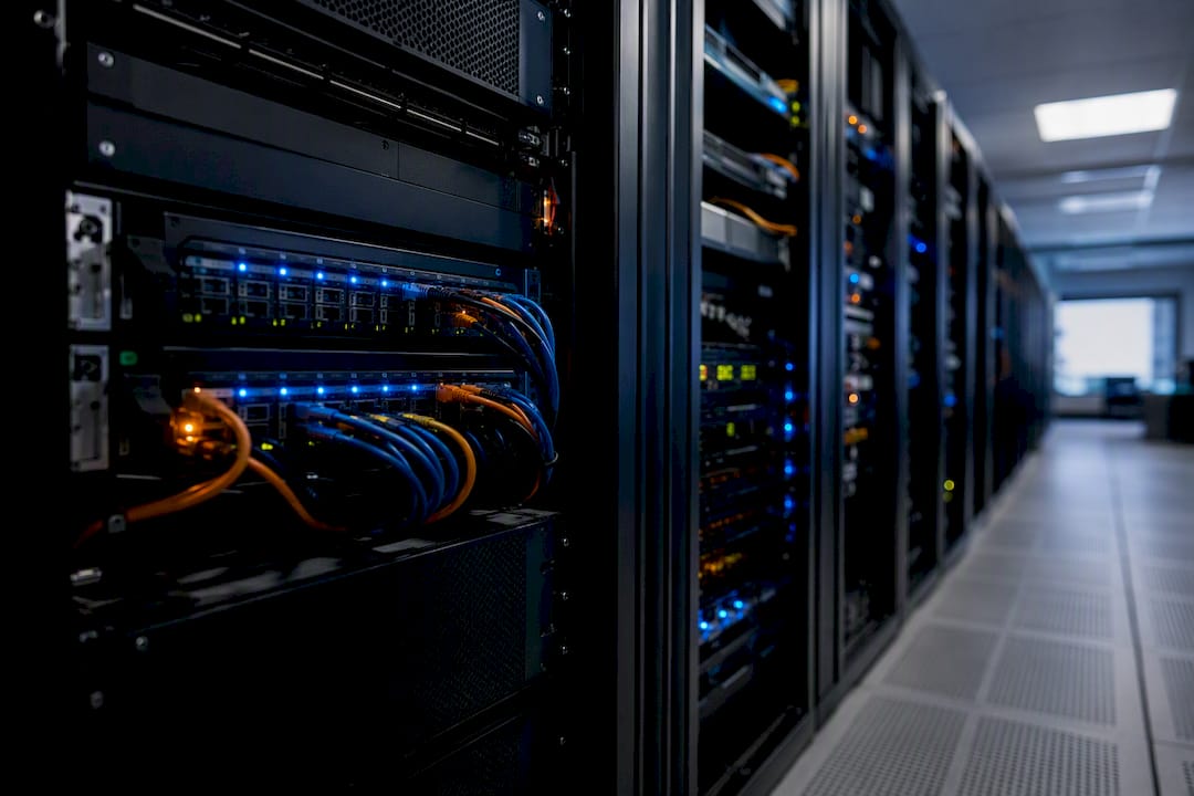 Small business server racks with glowing lights