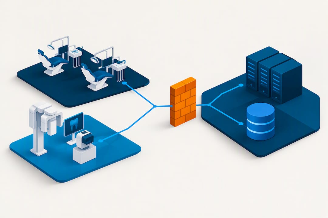 Segmented dental office network firewall illustration
