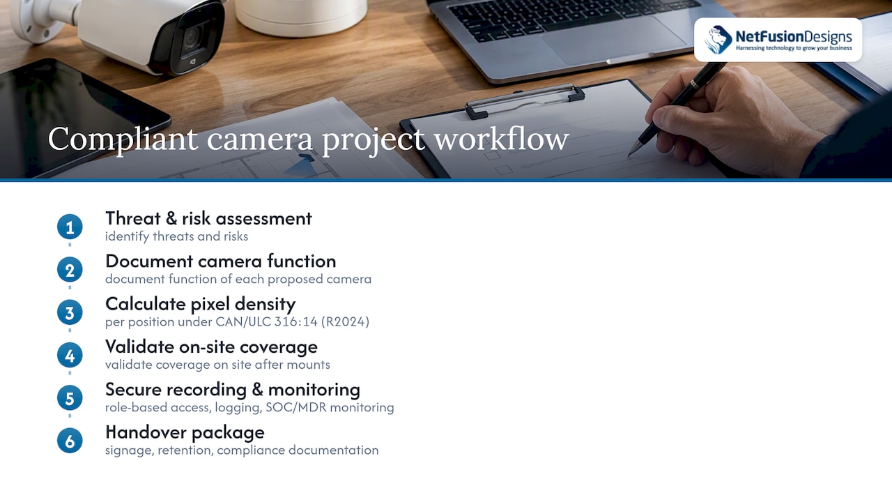 How we run a compliant camera project from assessment to handover — overview diagram