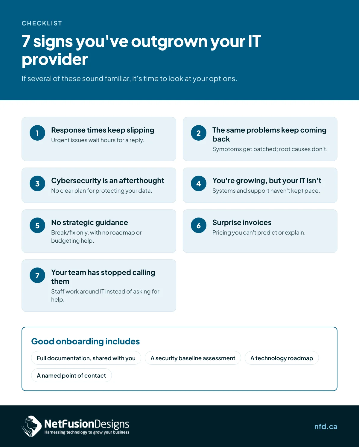 Infographic: 7 signs you've outgrown your IT provider and what good onboarding includes