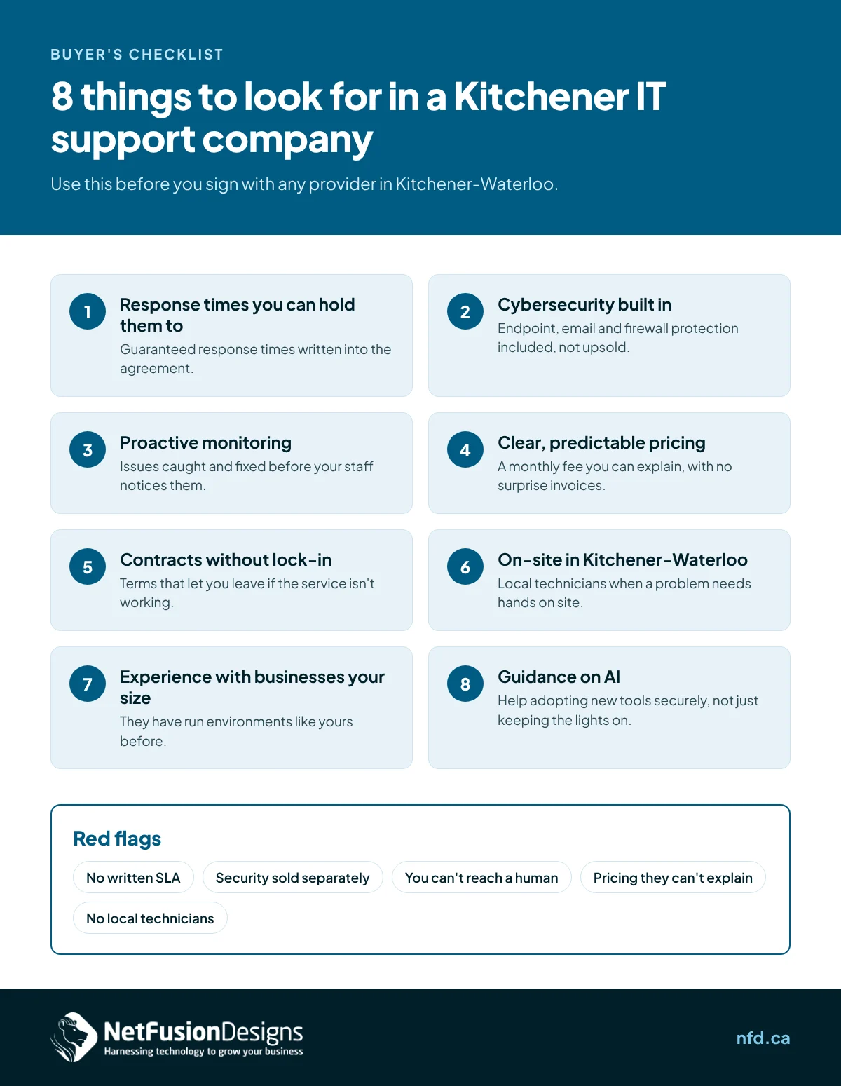 Infographic: 8 things to look for in an IT support company in Kitchener, plus red flags to watch for