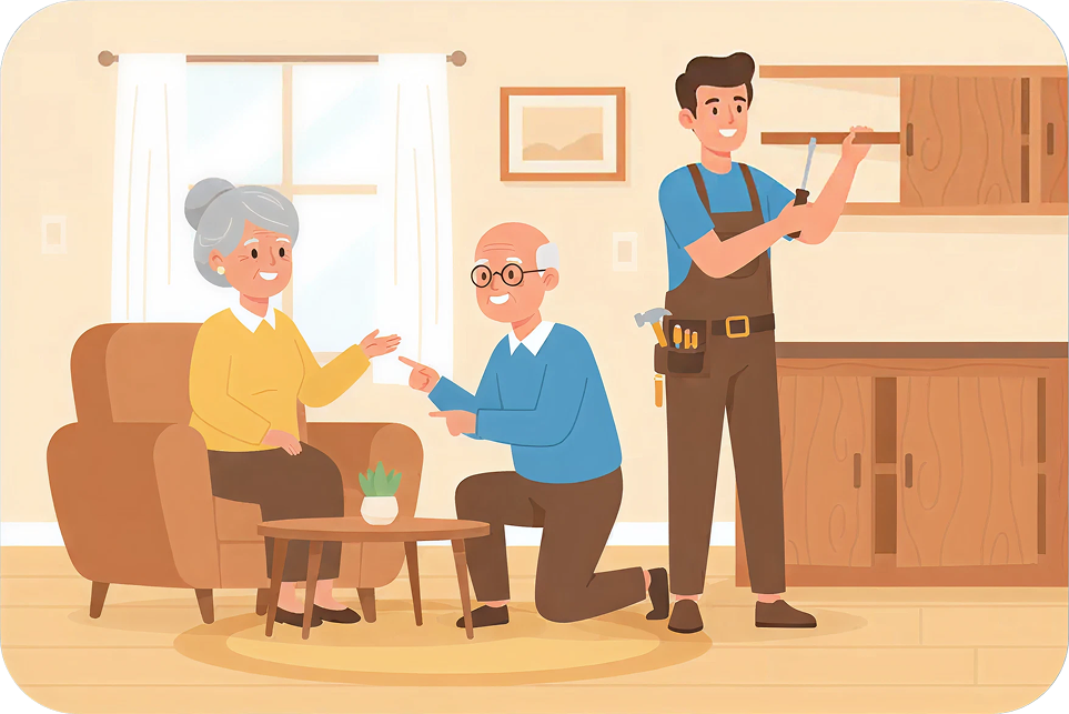 An illustration of two older adults getting into a car