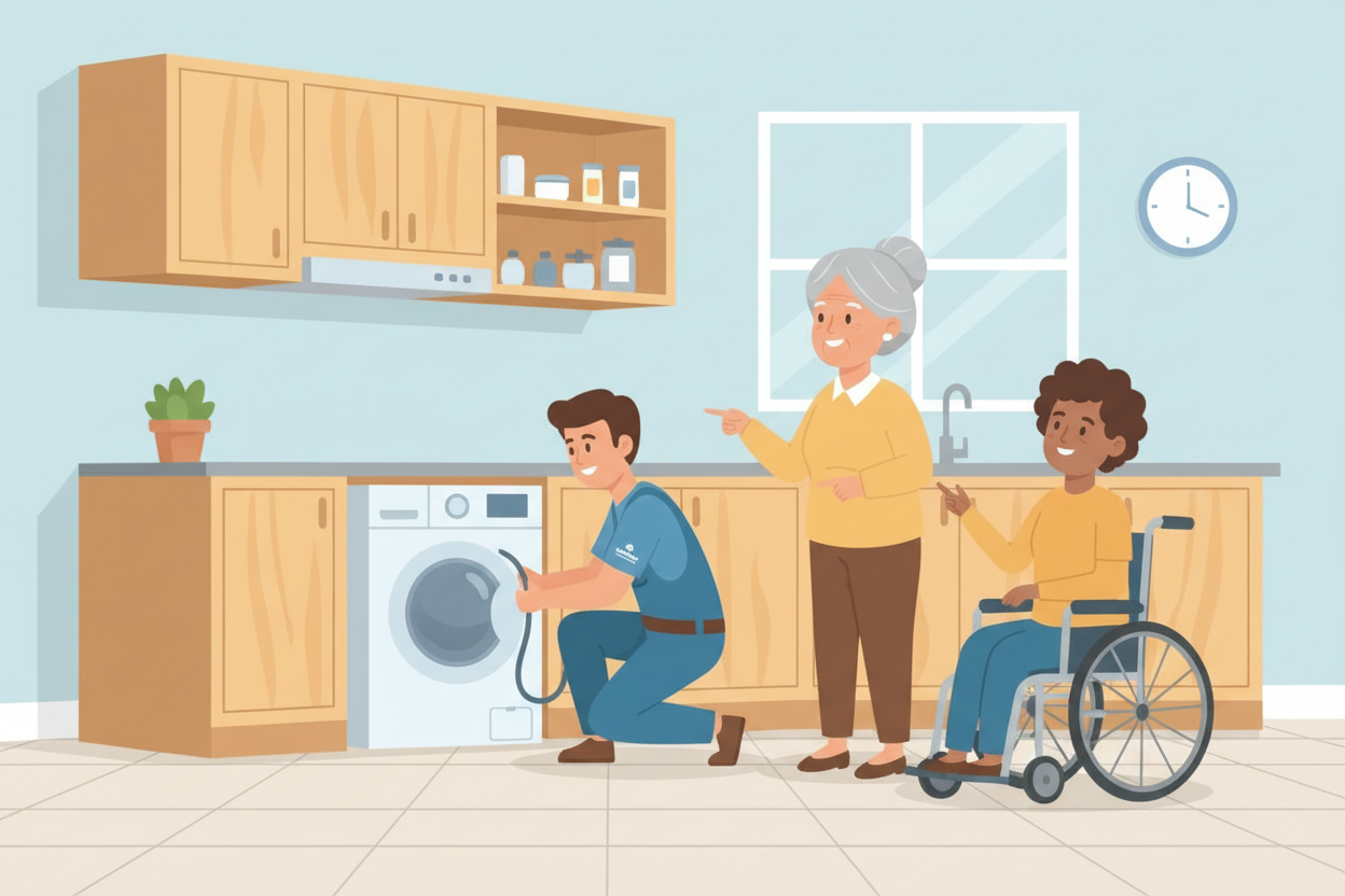 An illustration of two older adults getting into a car