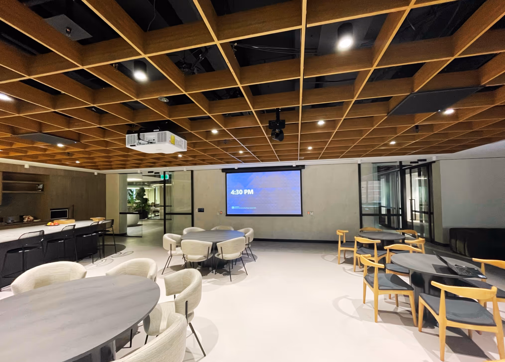 Microsoft Teams Town Hall Space utilising components from Crestron, Yamaha, JBL, Shure, NEC and Aver