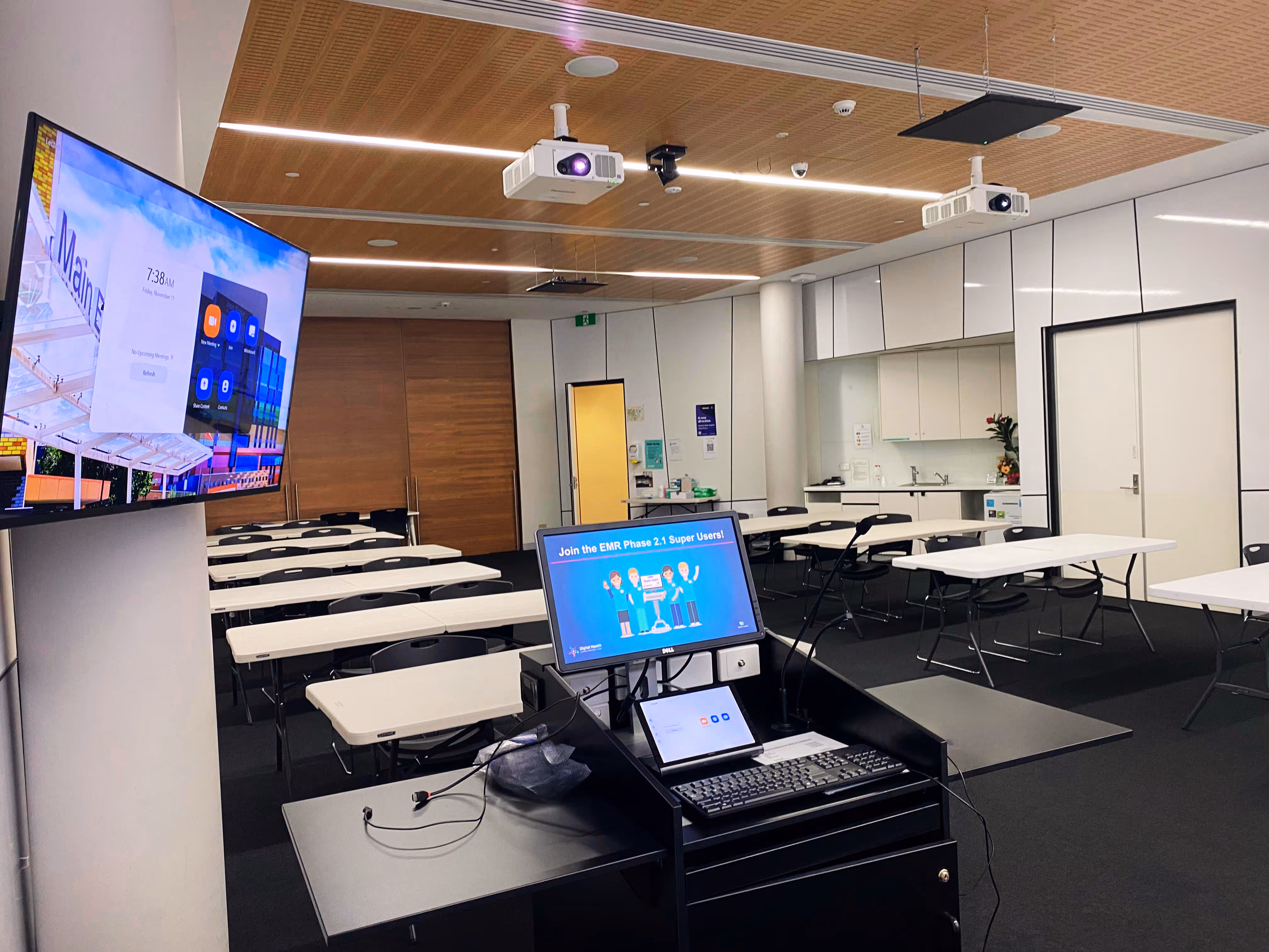 Zoom Room training & seminar space utilising components from Crestron, biamp, Yamaha, AVer and JBL
