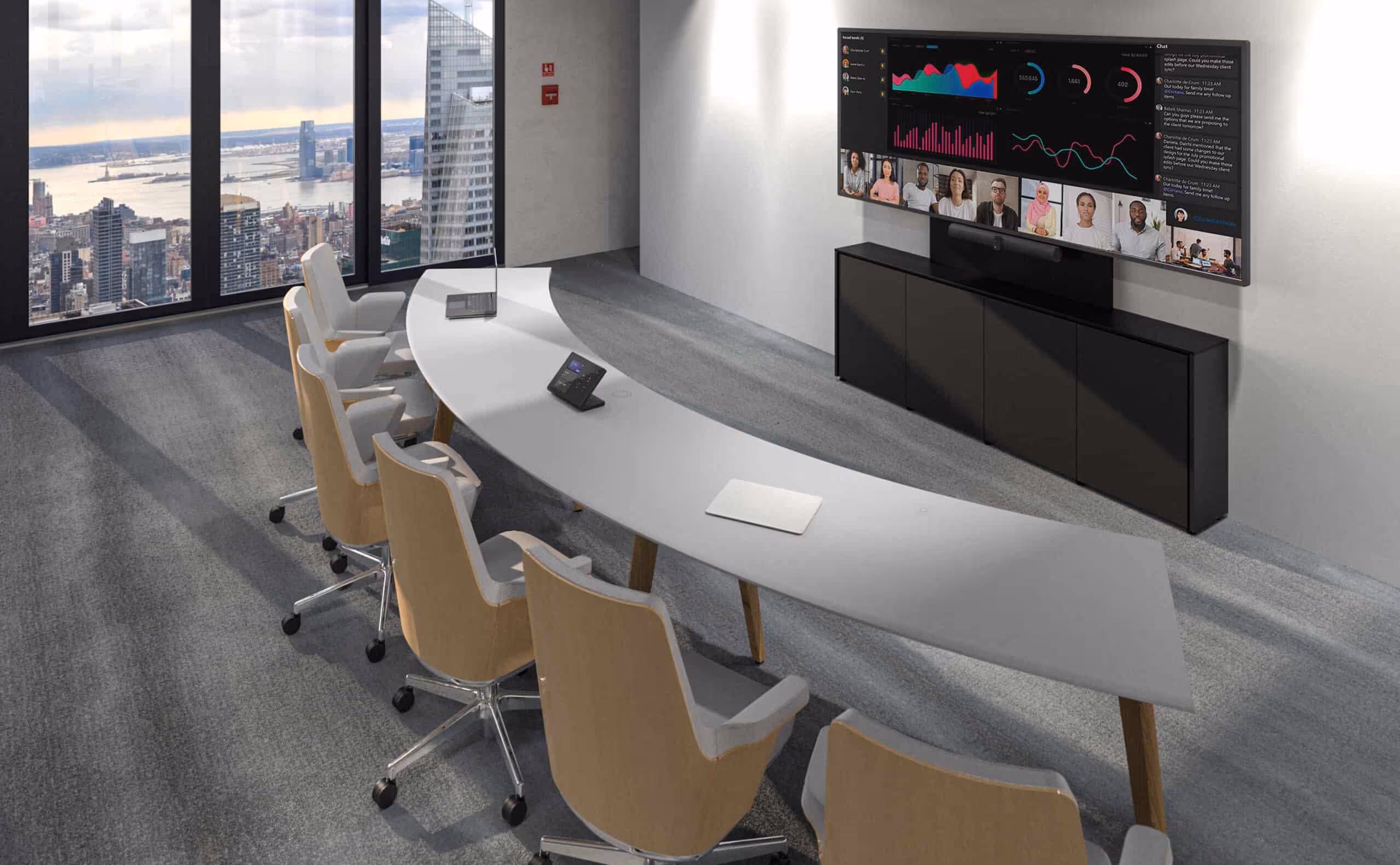 A Signature Microsoft Teams Room with the soundbar mounted beneath the display