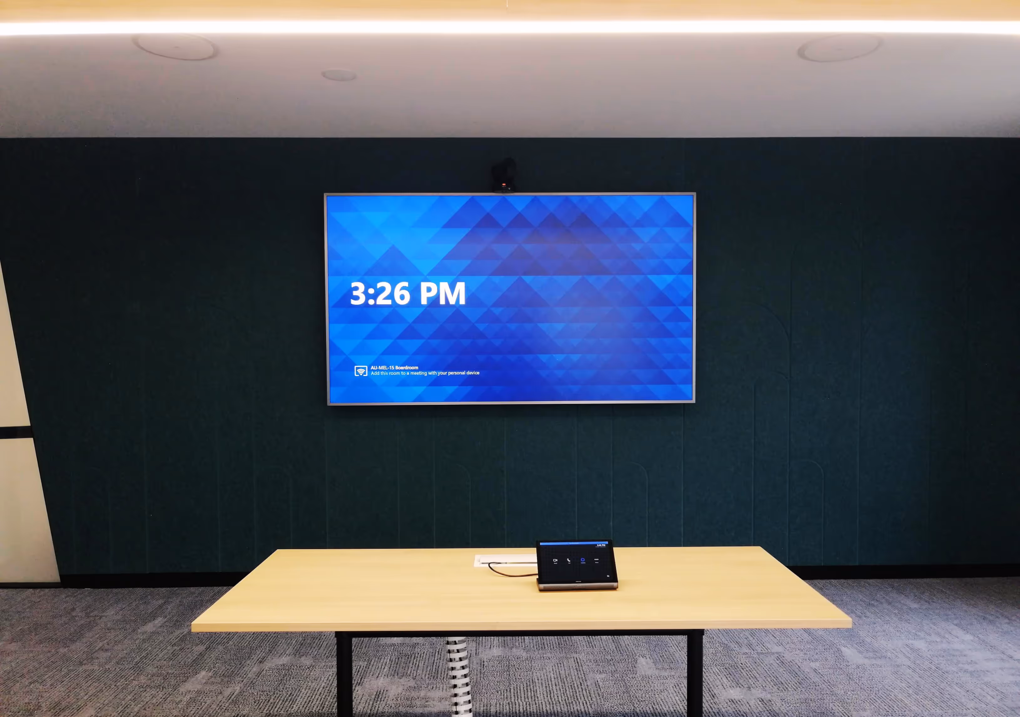 Large Microsoft Teams Room with Crestron Flex, AVer and biamp audio.