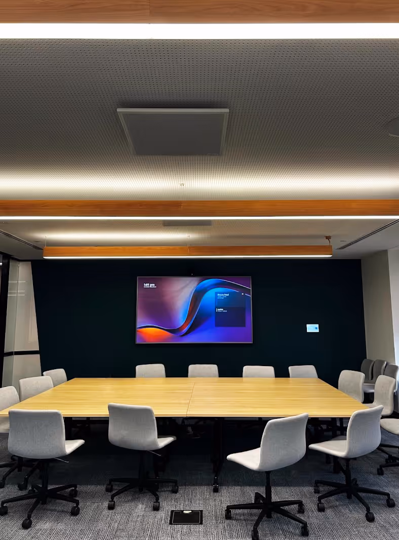 Large Microsoft Teams Room utilising components from Crestron, Shure, AVer and biamp