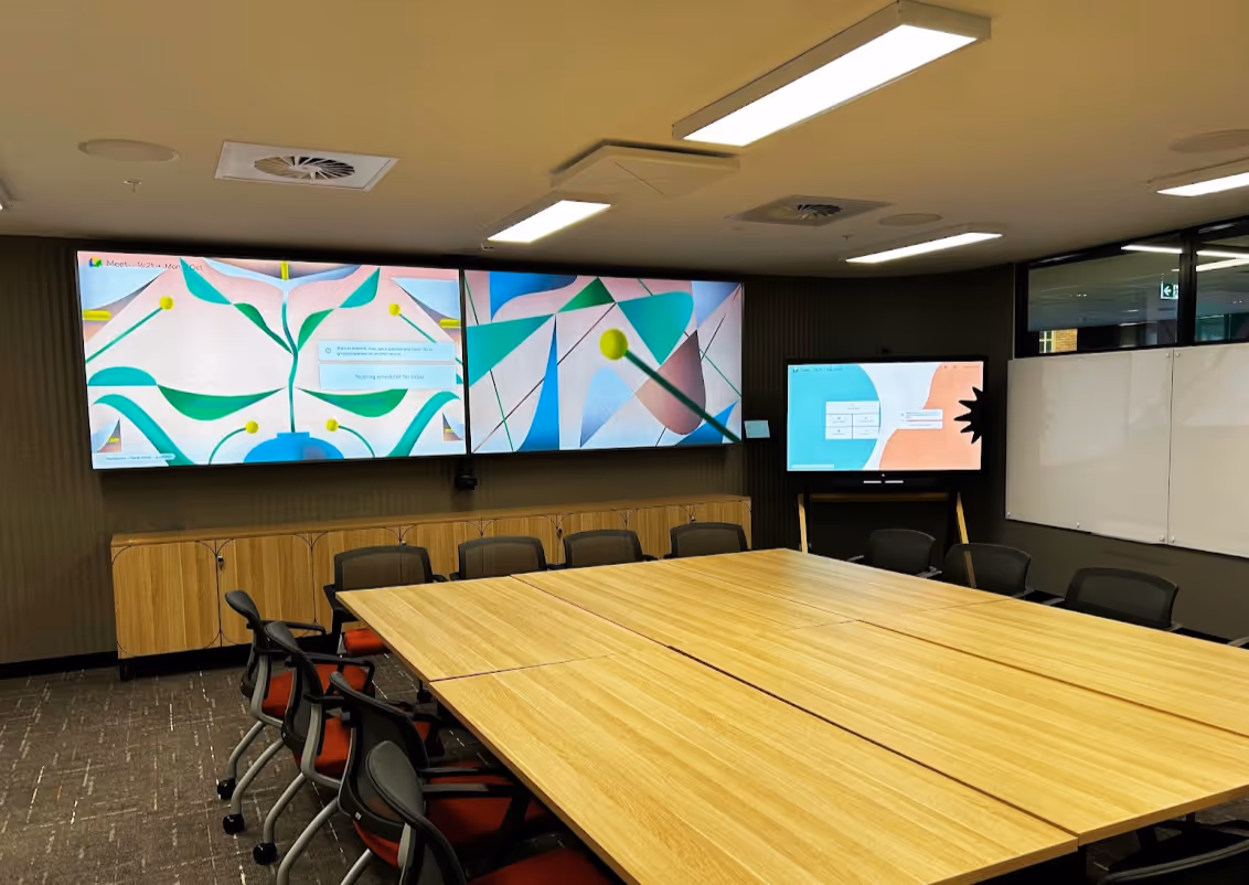 Dual screen Google Meet Training Room utilising Logitech, QSC and Sennheiser components.