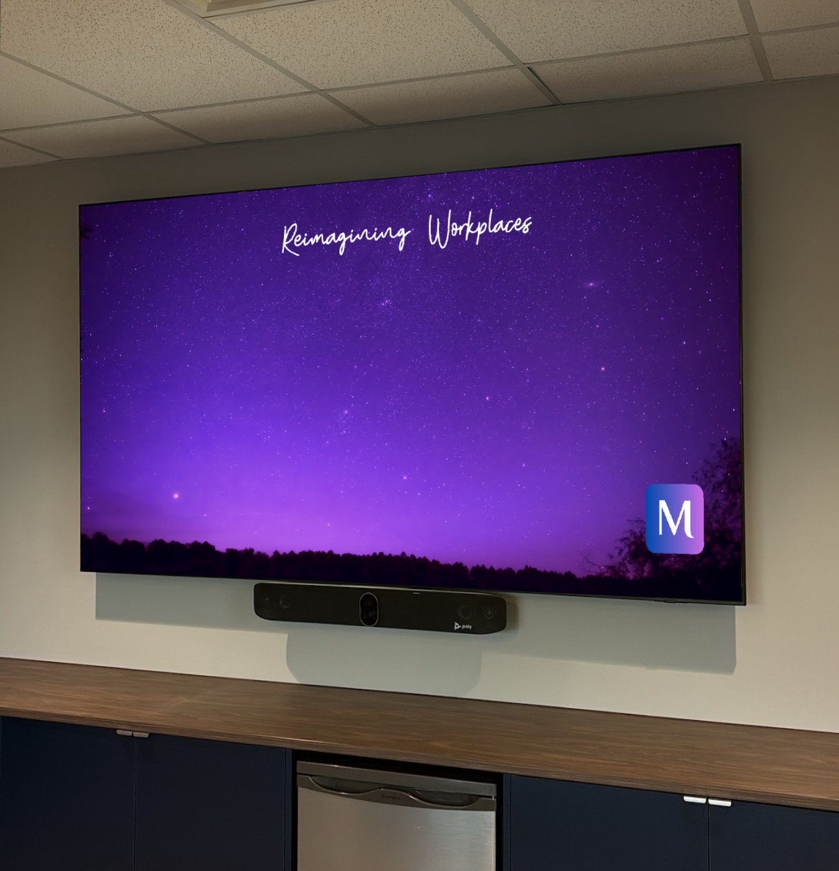 A large Microsoft Teams Boardroom using Crestron AirMedia for BYOD, HP | Poly X72 all-in-one video bar, HP | Poly TC10 control panel , HP | Poly G7500, Samsung 98" display.
