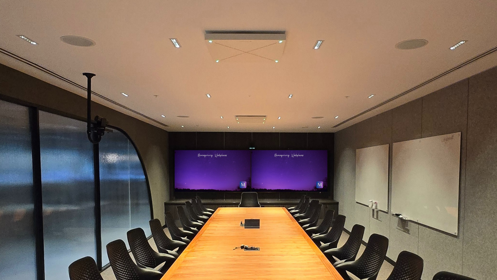 Large Microsoft Teams Room with Crestron 1 Beyond i12 Intelligent PTZ camera, Crestron TSW-1070 touch panel, Crestron ceiling speakers, NEC Corporation 98" display, Sennheiser TCC2 ceiling mic