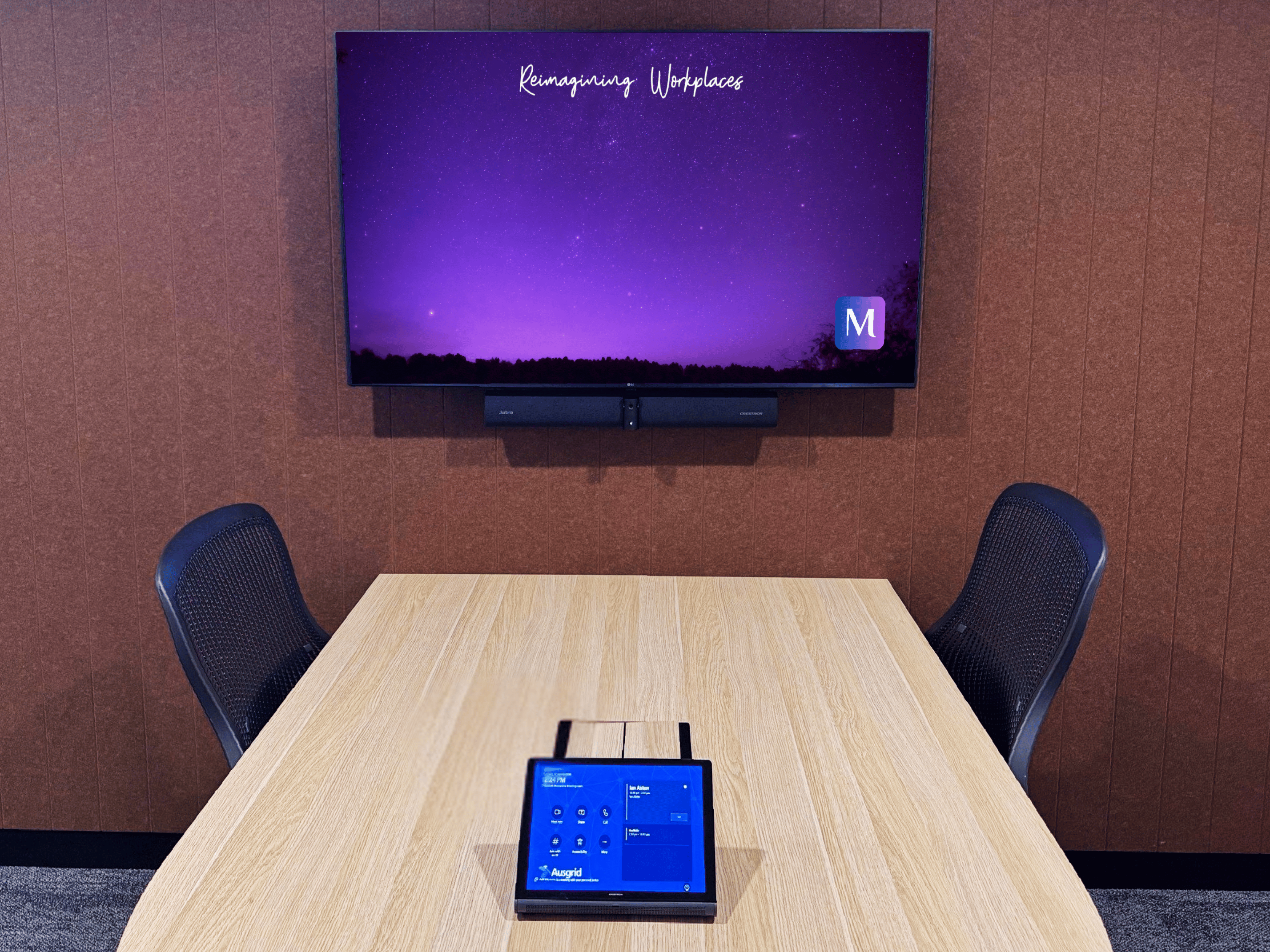 A small Microsoft Teams room using LG display, Jabra PanaCast 50 Intelligent Video Bar for Crestron Flex Systems, Crestron Touch Screen Control Panel 