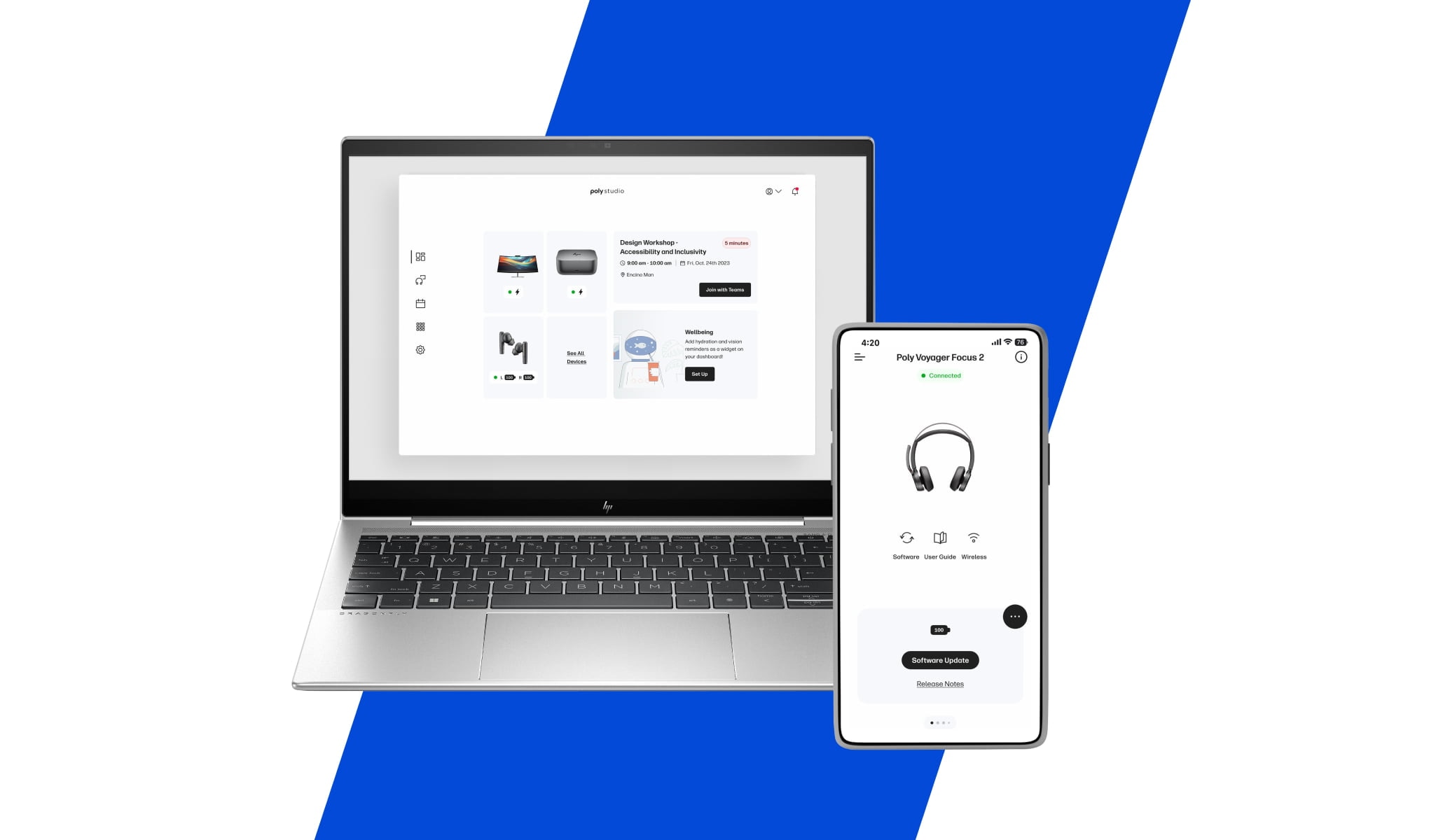 HP Poly Studio App interface on a laptop and a smart phone.