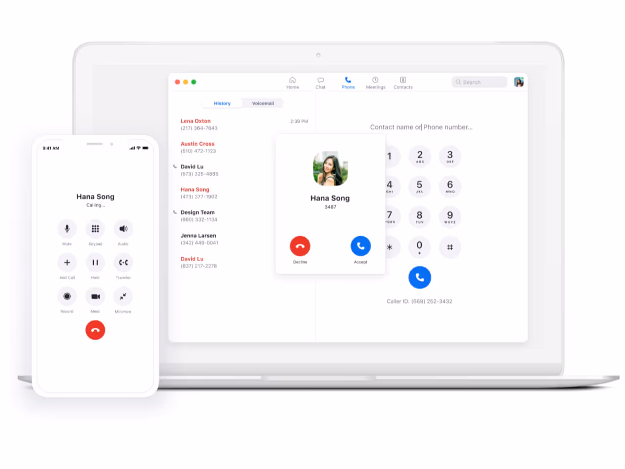 Zoom Phone user interface on mobile and laptop devices