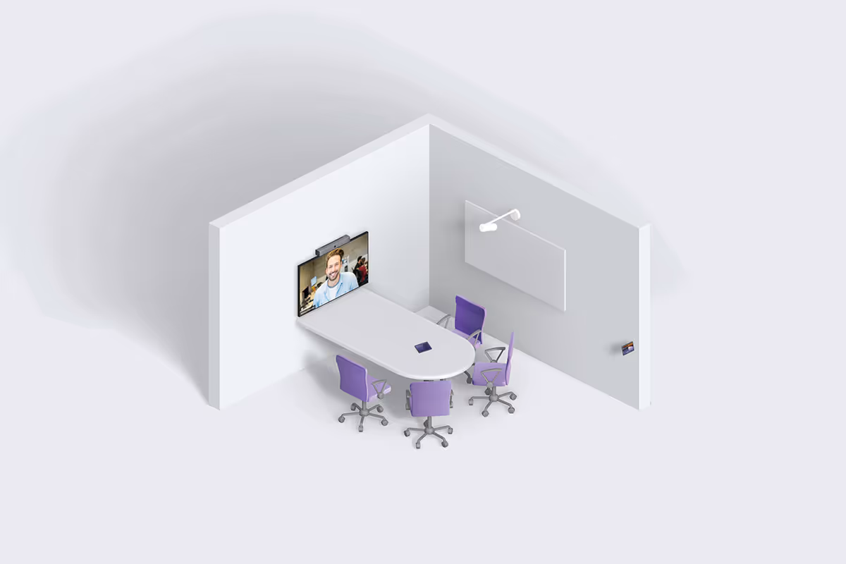 Microsoft Teams small room for 4 people with single display and D-shaped table