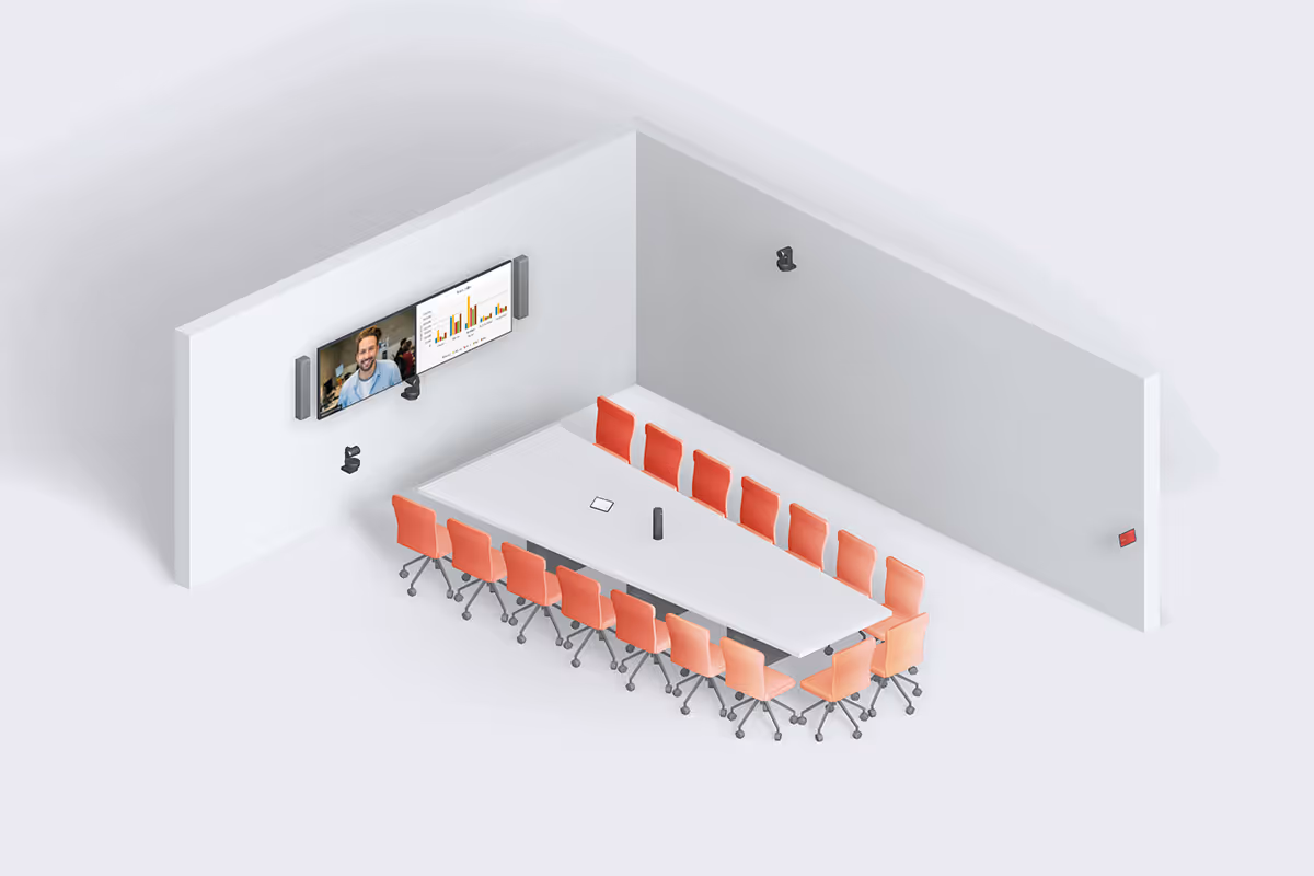Google Meet large room for up to 16 people with dual displays and wedge-shaped table