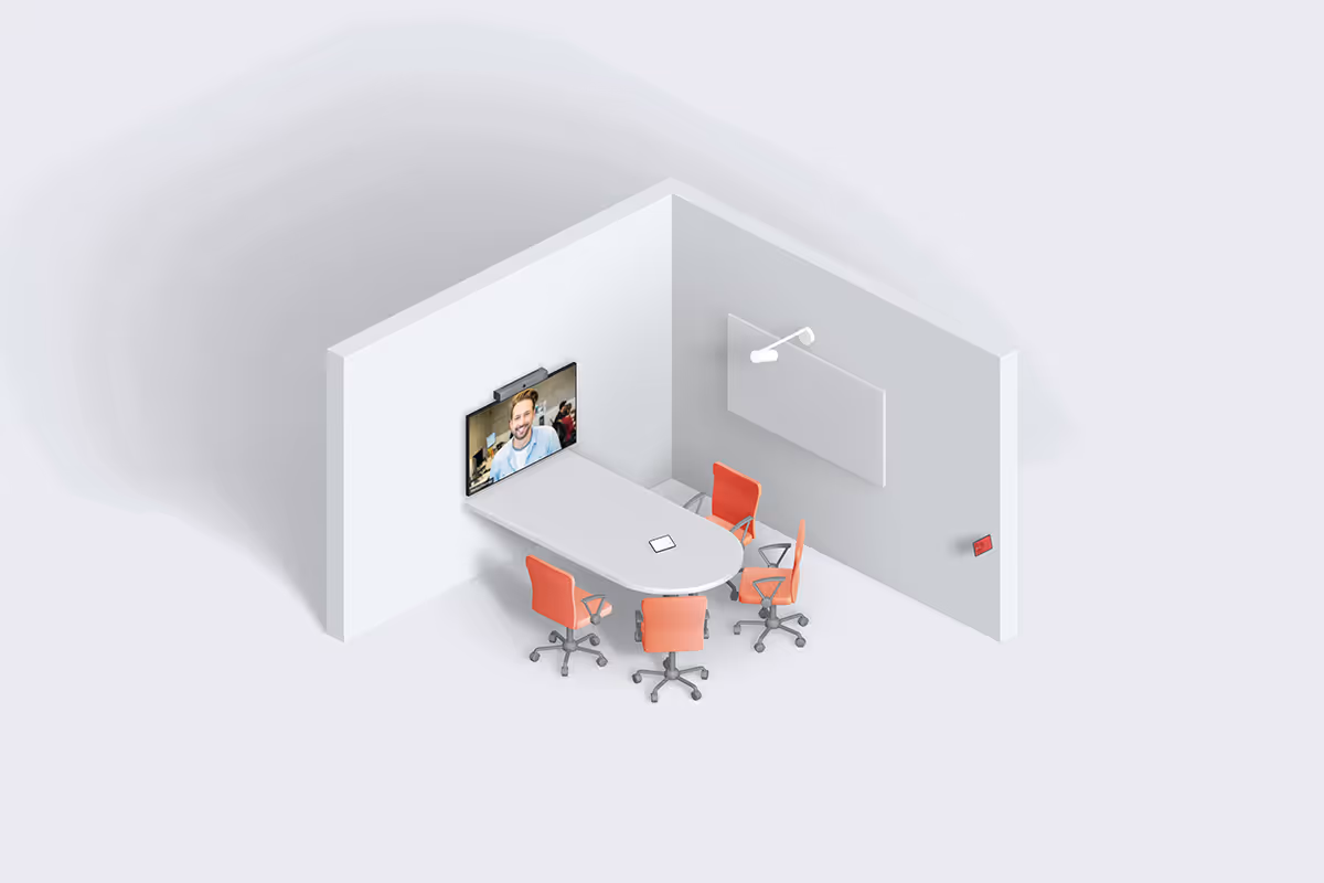 Google Meet small room for 4 people with single display and D-shaped table
