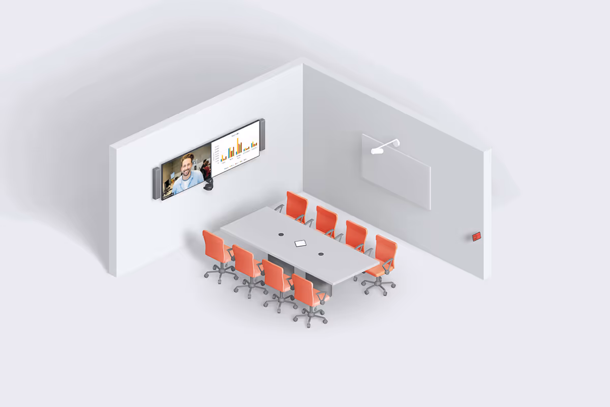 Google Meet medium room for up to 8 people with dual displays and rectangular table