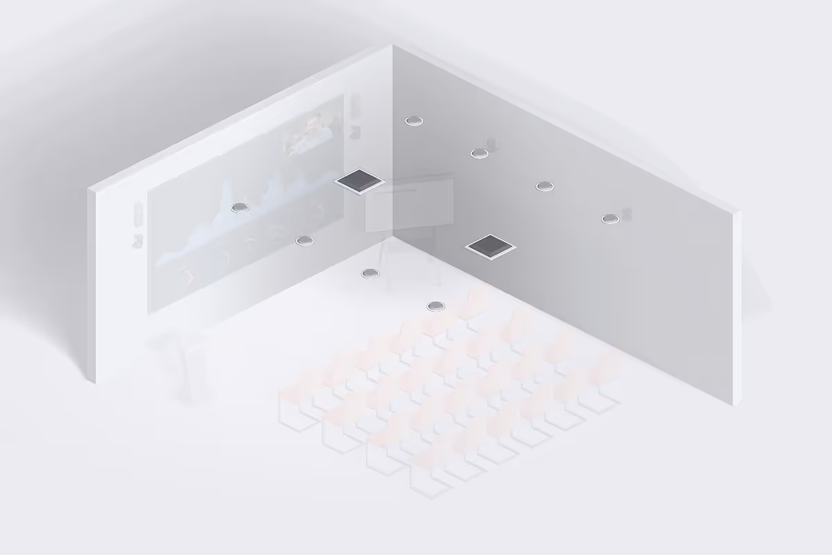 Google Meet town hall and training space ceiling microphones and speakers layout