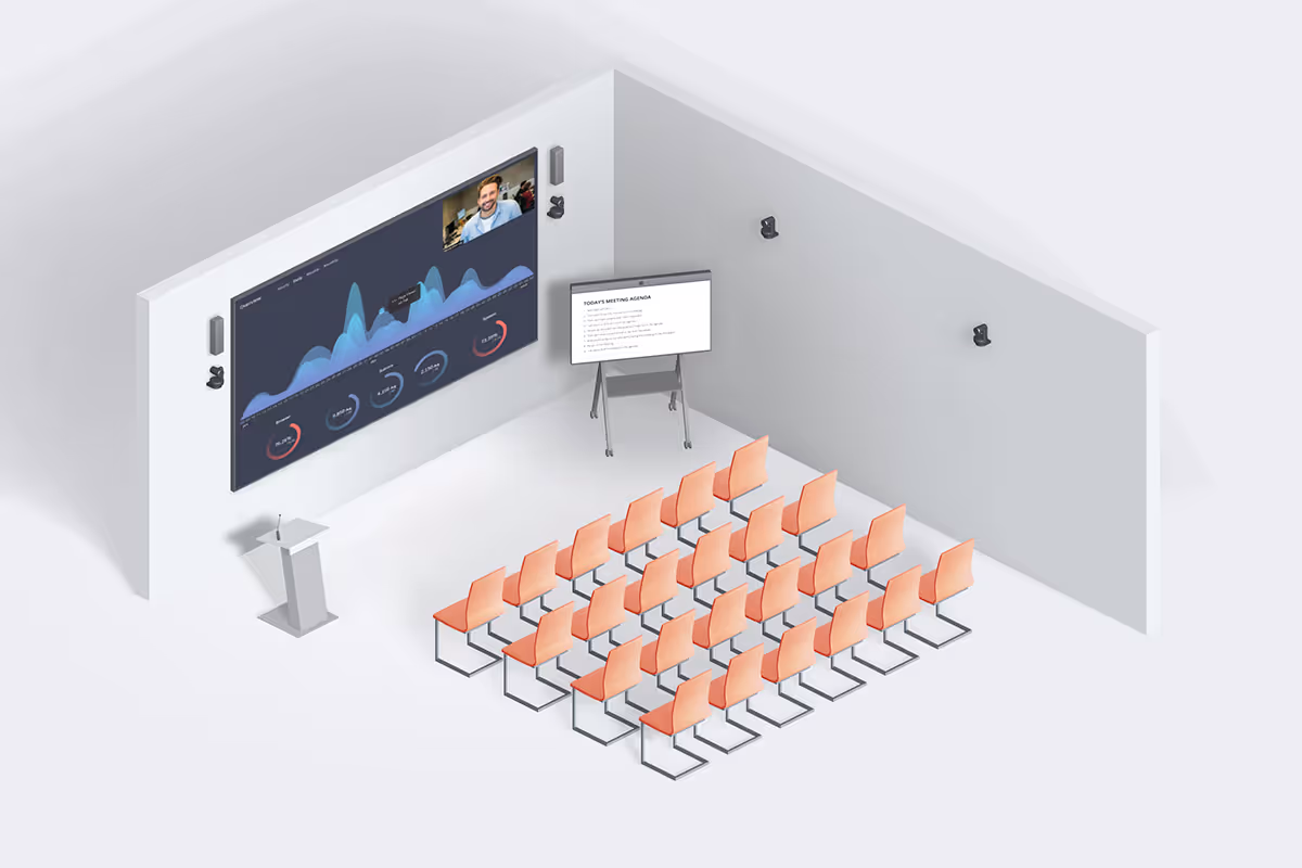 Google Meet town hall and training space with LCD wall display and Neat Board on trolley