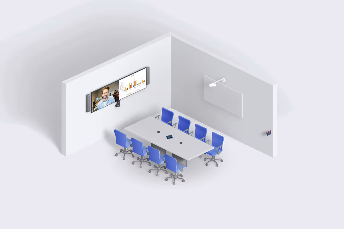 Zoom Rooms medium room for up to 8 people with dual displays and rectangular table
