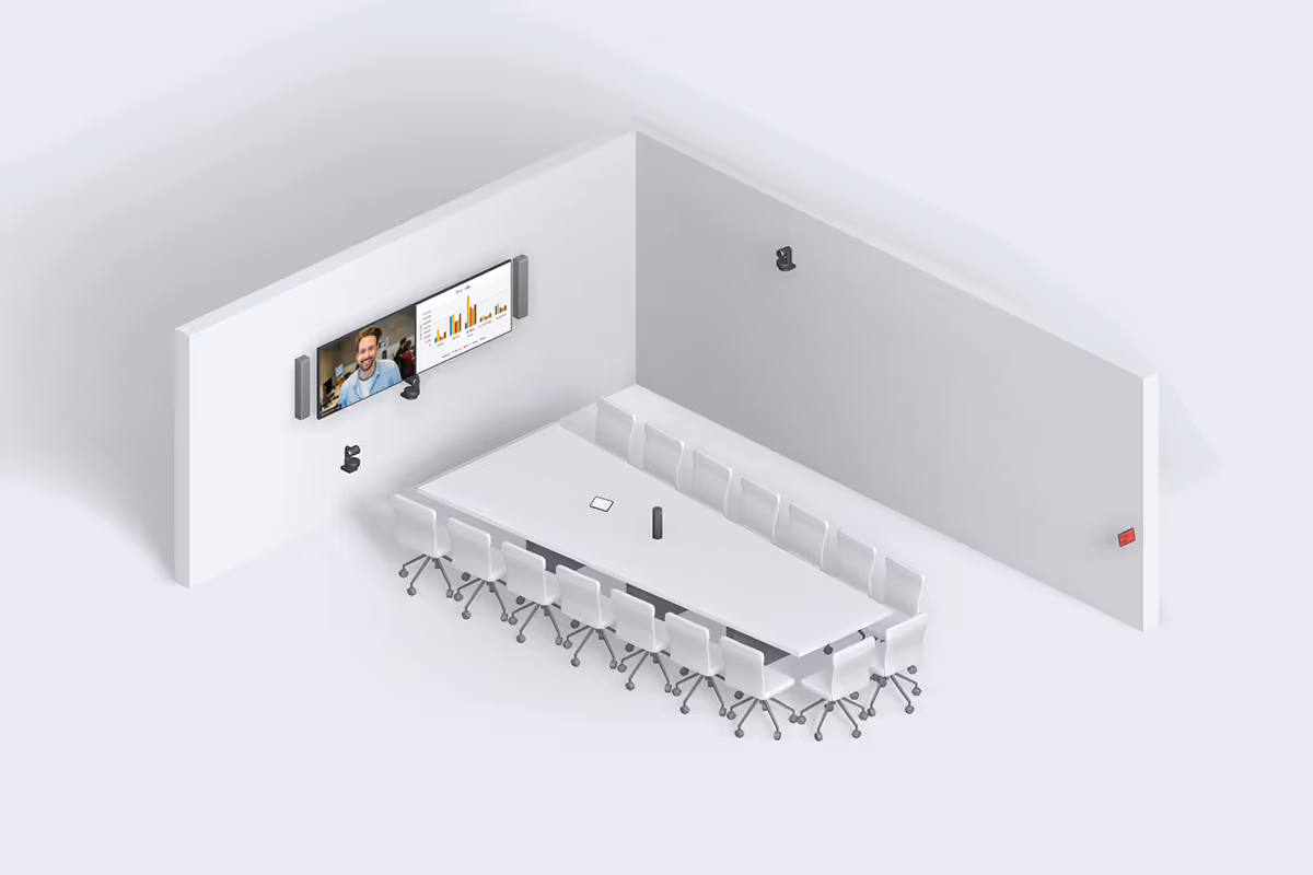 BYOD large room for up to 16 people with dual displays and wedge-shaped table