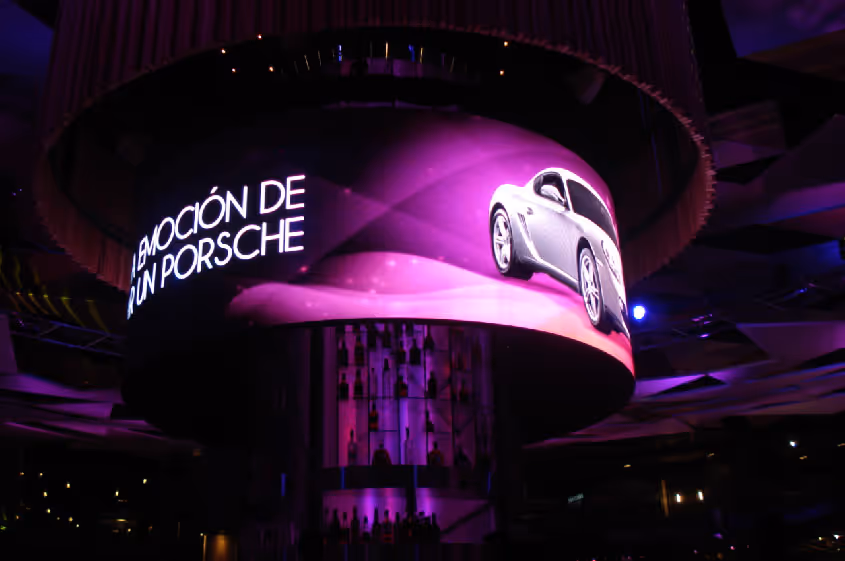 Large curved wrap-around LED display at Casino Enjoy, Chile