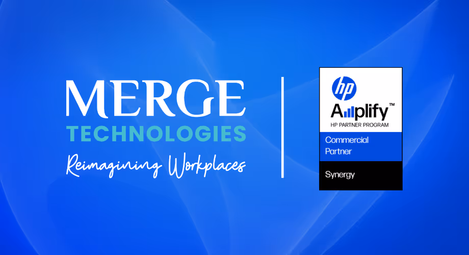 Blue background with Merge Technologies logo and tagline 'Reimagining Workplaces' next to HP Amplify Commercial Partner Synergy badge.