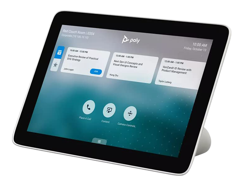 Poly TC8 Touch Controller displaying meeting schedule and controls.
