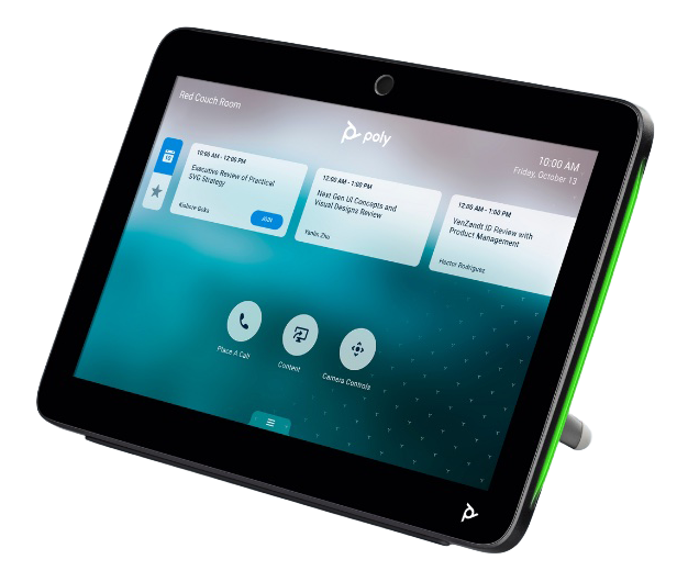 Poly TC10 Touch Controller displaying meeting schedule and controls.