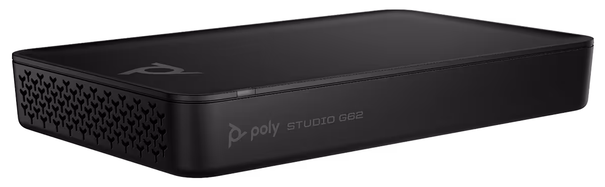 Black Poly Studio G62 modular room conferencing system device with a vent pattern on the side.