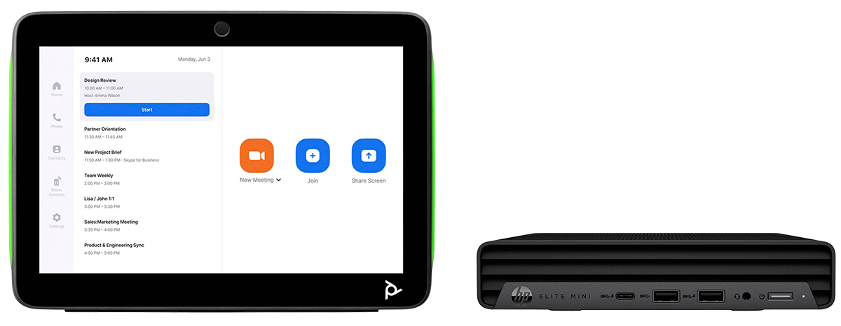 Poly Studio Base Kit including a Poly TC10 IP touch controller featuring a Zoom meeting interface and a HP Mini IP Conferencing PC.