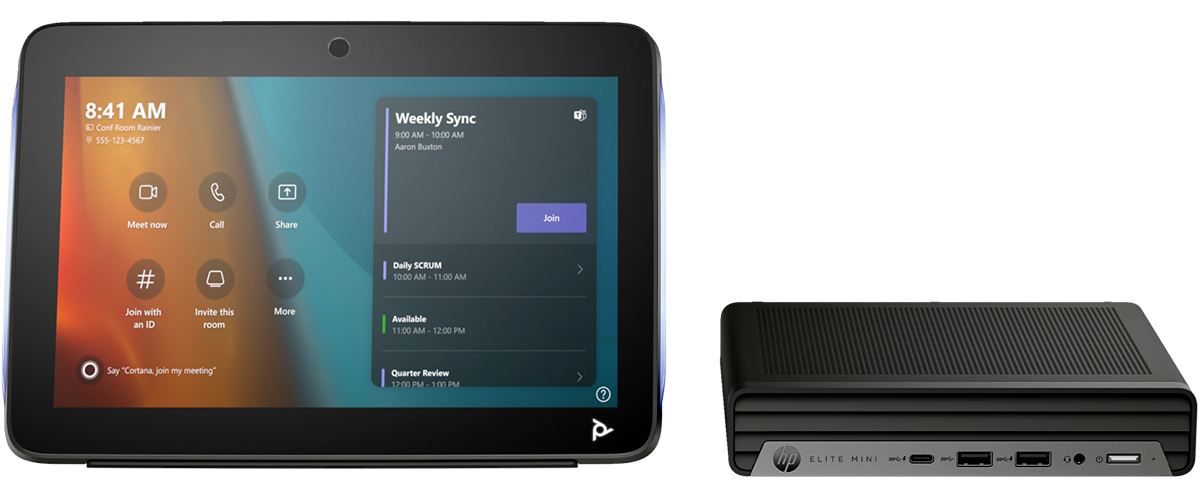 Poly Studio Base Kit including a Poly TC10 touch controller featuring a Microsoft Teams meeting interface and a HP Mini IP Conferencing PC.