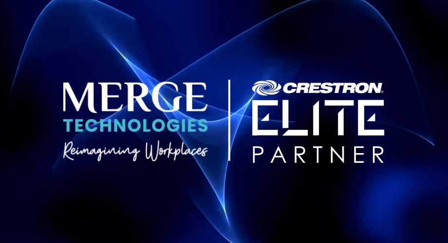 Merge Technologies and Crestron Elite Partner logos on a dark blue abstract background.