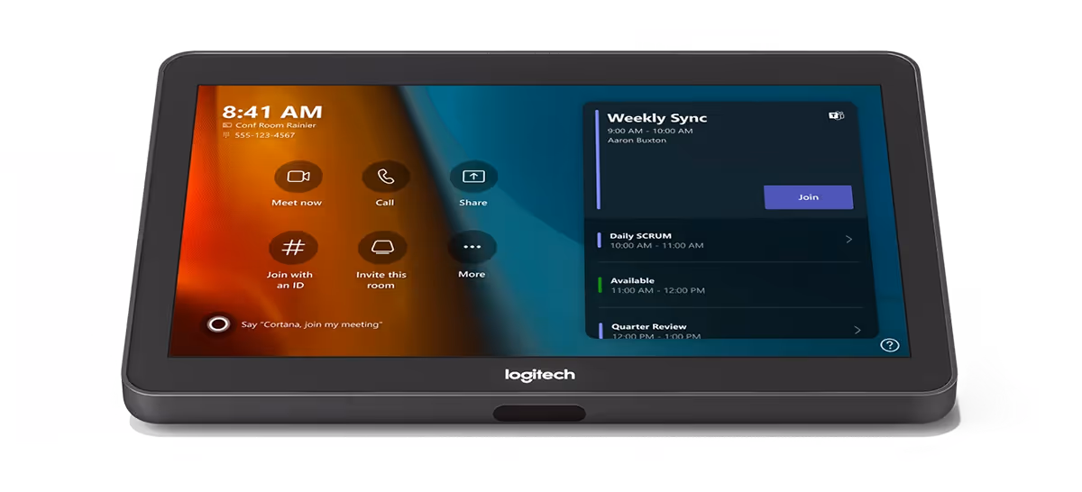 Logitech Tap controller device displaying Microsoft Teams Rooms controls and a weekly meeting schedule.