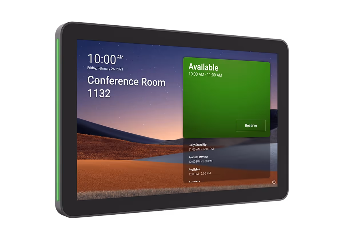 Logitech Tap Scheduler device displaying Microsoft Teams Room user interface for booking a conference room and availability.