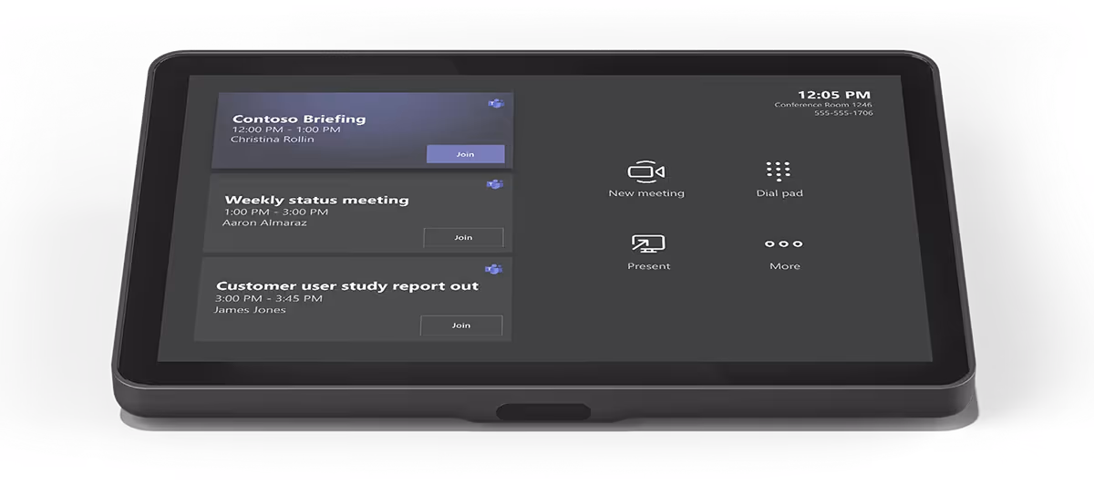 Logitech Tap controller displaying Microsoft Teams Room meetings and options for new meeting, dial pad, present, and more.