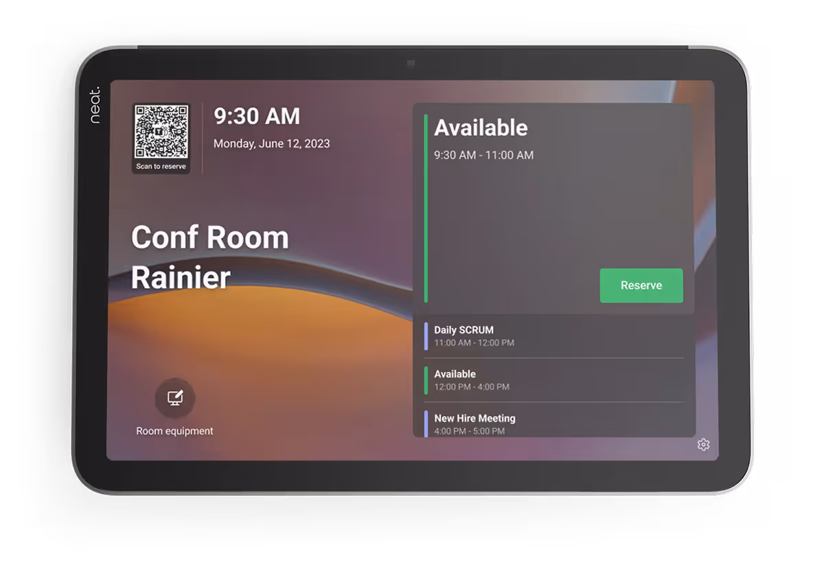 Neat Pad Pro touchscreen displaying Microsoft Teams booking UI showing current availability, meetings, and a reserve button.