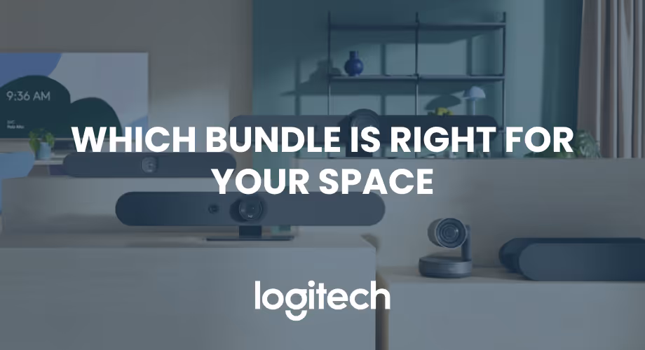 Logitech video conferencing equipment displayed on wooden platforms and furniture