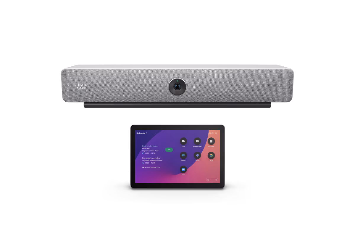 Cisco Room Bar in light with Cisco Room Navigator for Table