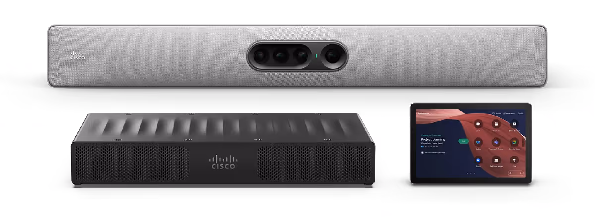 Cisco Room Kit Pro G2 in first light, with Cisco Codec Pro G2 and Cisco Room Navigator for Table
