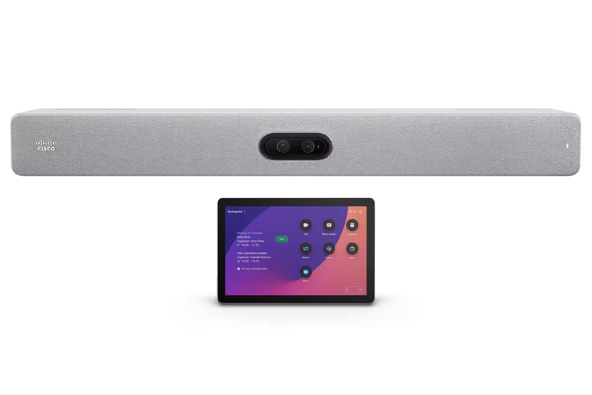 Cisco Room Bar Pro in first light with Cisco Room Navigator for Table