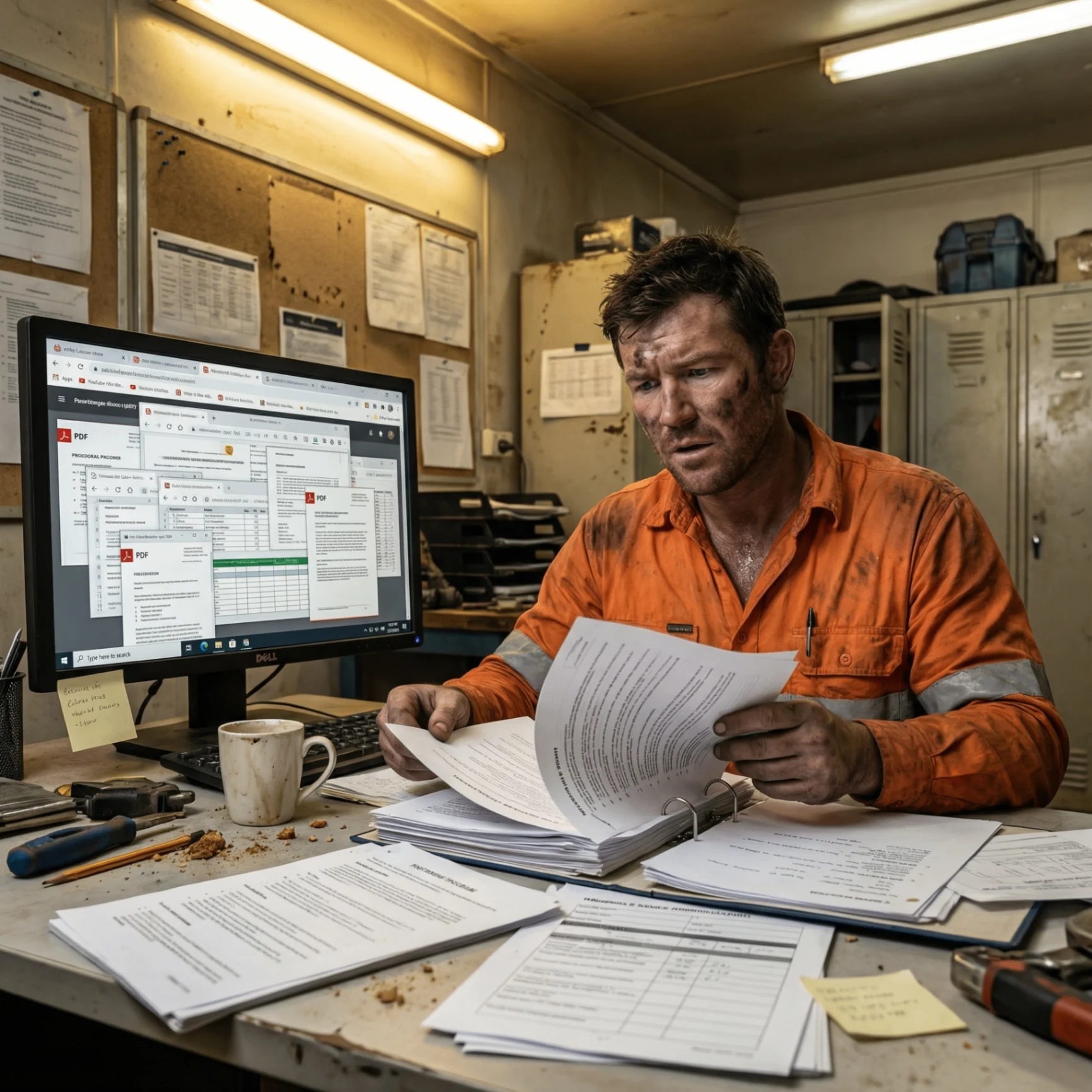 Mine worker searching through printed procedures and documents