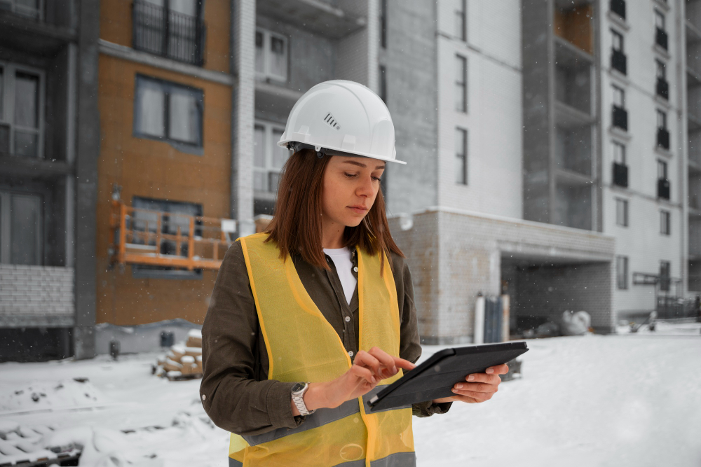 woman using tablet to read a construction manual