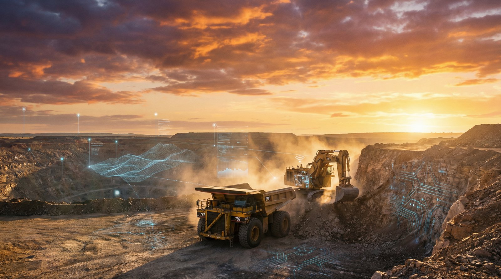 Mining site with AI data overlay on heavy equipment
